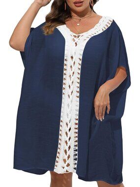 〽️Women's Swim Suit Coverups Navy White Polyester Summer Loose Beach Crochet